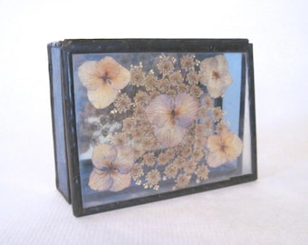dried gypsophila + the violas, vintage Jewelry Box for treasured mementos - pressed floral keepsake, Stained Glass + Botanical Flowers