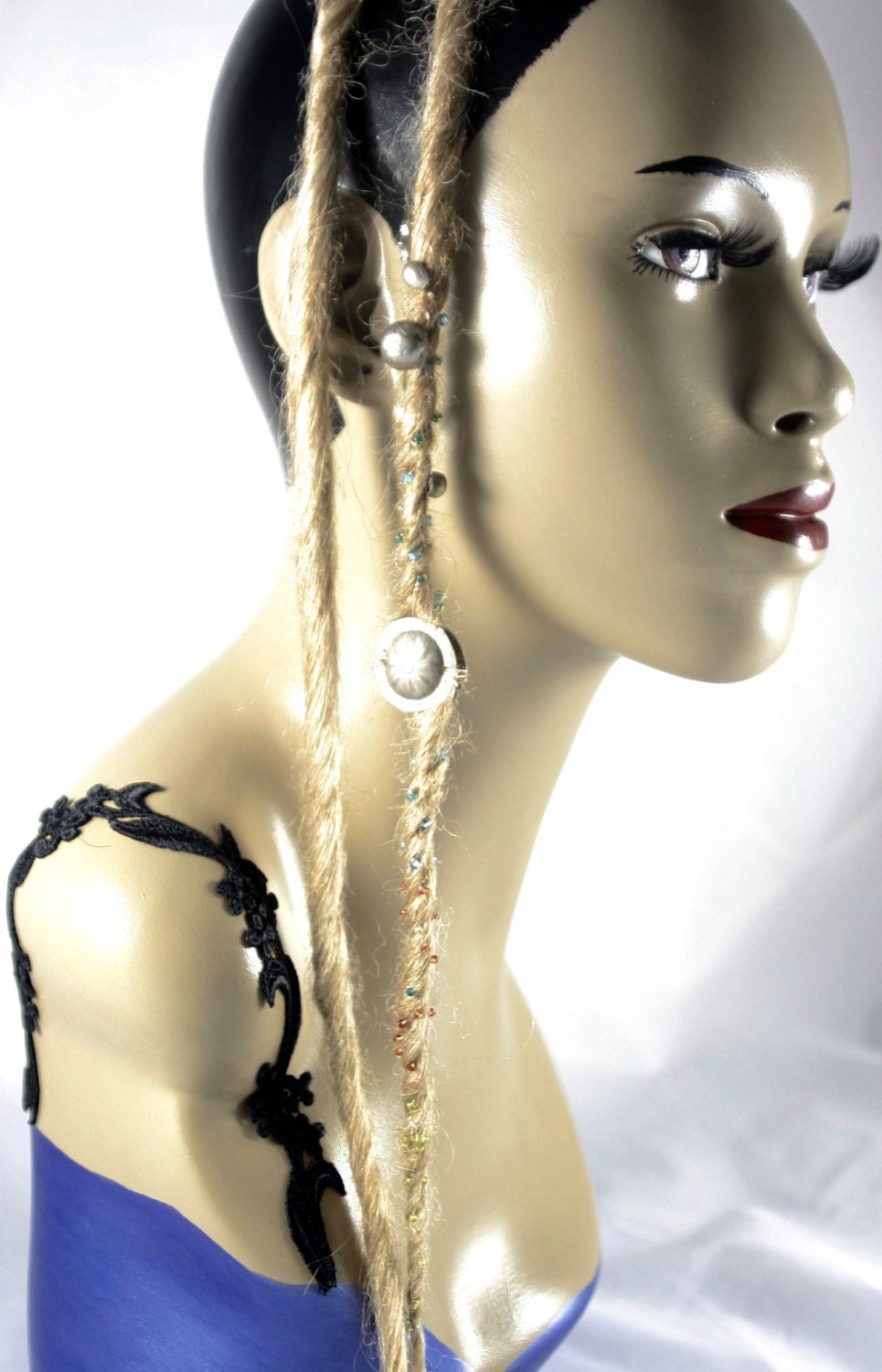 Beaded synth dread extension platinum flaxen beaded blonde
