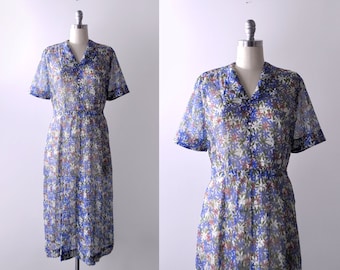 1950's sheer floral dress. 50 xl dress. blue, white, green flower print. 50's full dress.