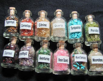 Free Shipping in US! 12 GEMSTONE BOTTLES Chip Crystal Healing Tumbled Gem Stones Reiki Wicca