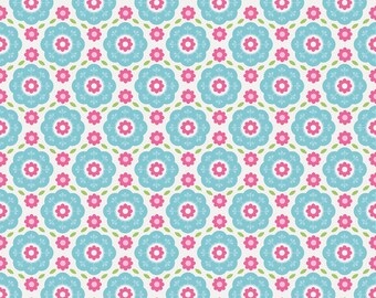 Aqua Blue Pink and Green Floral Flannel, Summer Song 2 By Zoe Pearn for Riley Blake, Floral Print in Blue, 1 Yard