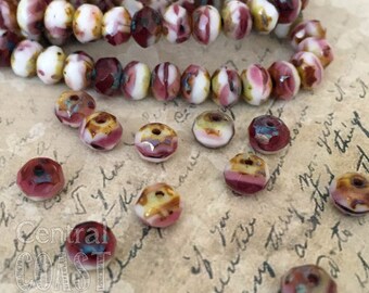 7mm x 5mm Czech Glass Picasso Bead Spacer Rondelle Donut (25) Raspberry Pink White Picasso Mix - Boho Rustic Romantic - Central Coast Charms