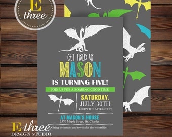 Dragon Birthday Party Invitations - Boy's Birthday Party Invitation - Yellow, Turquoise, Gray, Green