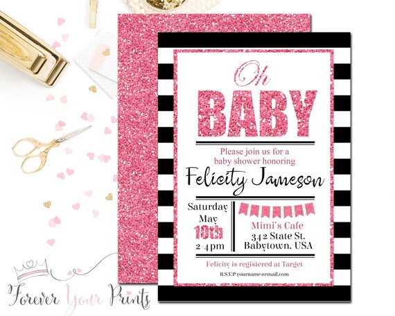 Girl's Baby Shower Invitation, Baby Shower Invitation Girl, Baby Shower Invites, Glitter Baby Shower, Hot Pink Baby Shower, Oh Baby Invite Il_570xn