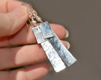 Long Hammered Silver Sheet Earrings. Silver Jewelry Israel Made in Israel Earrings Made in Israel Jewelry. Two Layer Earrings. Free Shipping