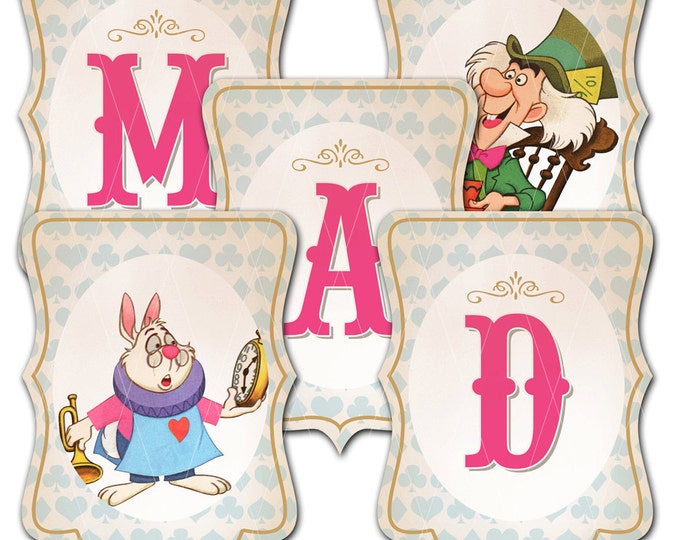 Alice in Wonderland Party Banner, We Are All Mad Here, Instant Download, Print Your Own
