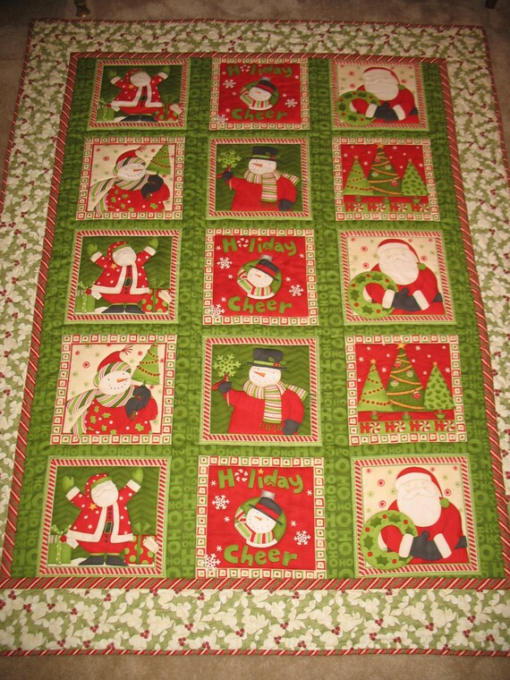 Christmas Lap Quilt Snowmen and Santa Holly Afghan Size