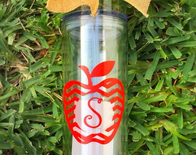 Teacher's Red Chevron Apple with Monogram Water Bottle Tumbler, Personalized Water Bottle with Straw, Teacher Gift, Personalized Gift