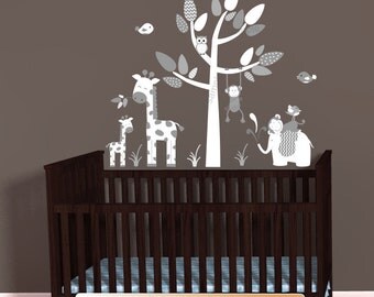 Mini Jungle Decal, Gray White Chevron Theme, Elephant Wall Decal, Giraffe decal, Monkey wall decal, Baby Shower Gift, Nursery Wall Decals