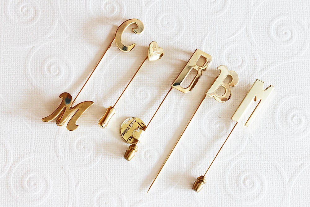 Vintage Initial Stick Pins Gold Filled Stick Pins