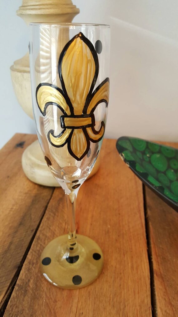 New Orlean Saints Champagne Flute Wine glass Black and Gold Wineglass