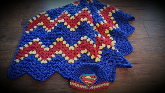 superman blanket set beanie hero blue by DonnasPinsandNeedles
