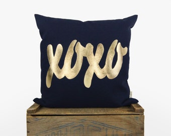 Navy Blue and Gold Word Pillow | XOXO Decorative Pillow Case, 16x16, 12x18, 18x18 20x20 Monogram Cushion Cover | Unique Monogrammed gifts