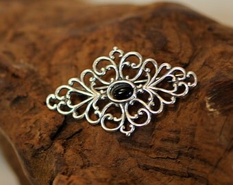 Vintage Filigree Sterling Silver Black Onyx Brooch Pin (#67)