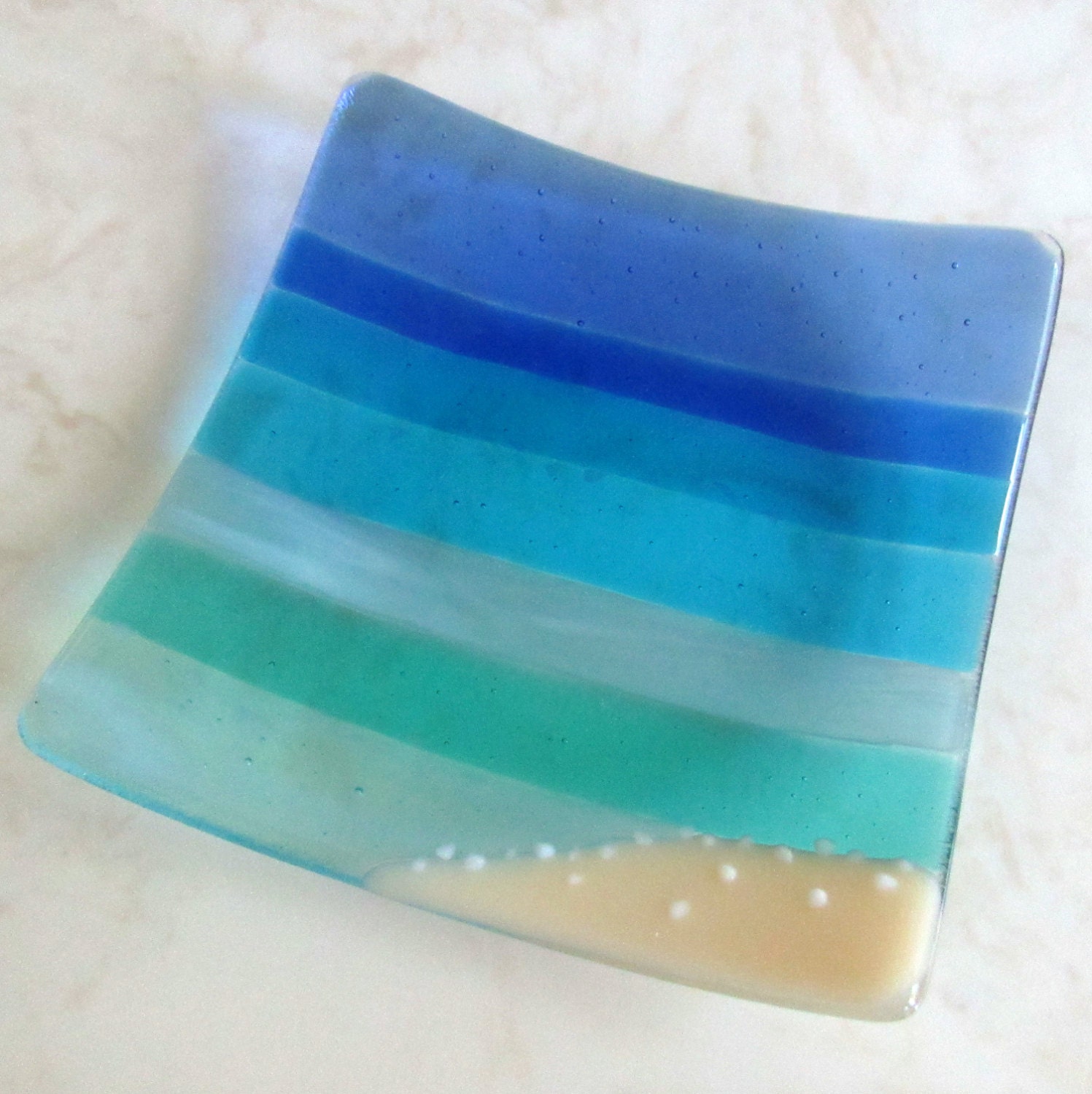 Fused Glass Plate Ocean Beach Aquamarine Blue Turquoise