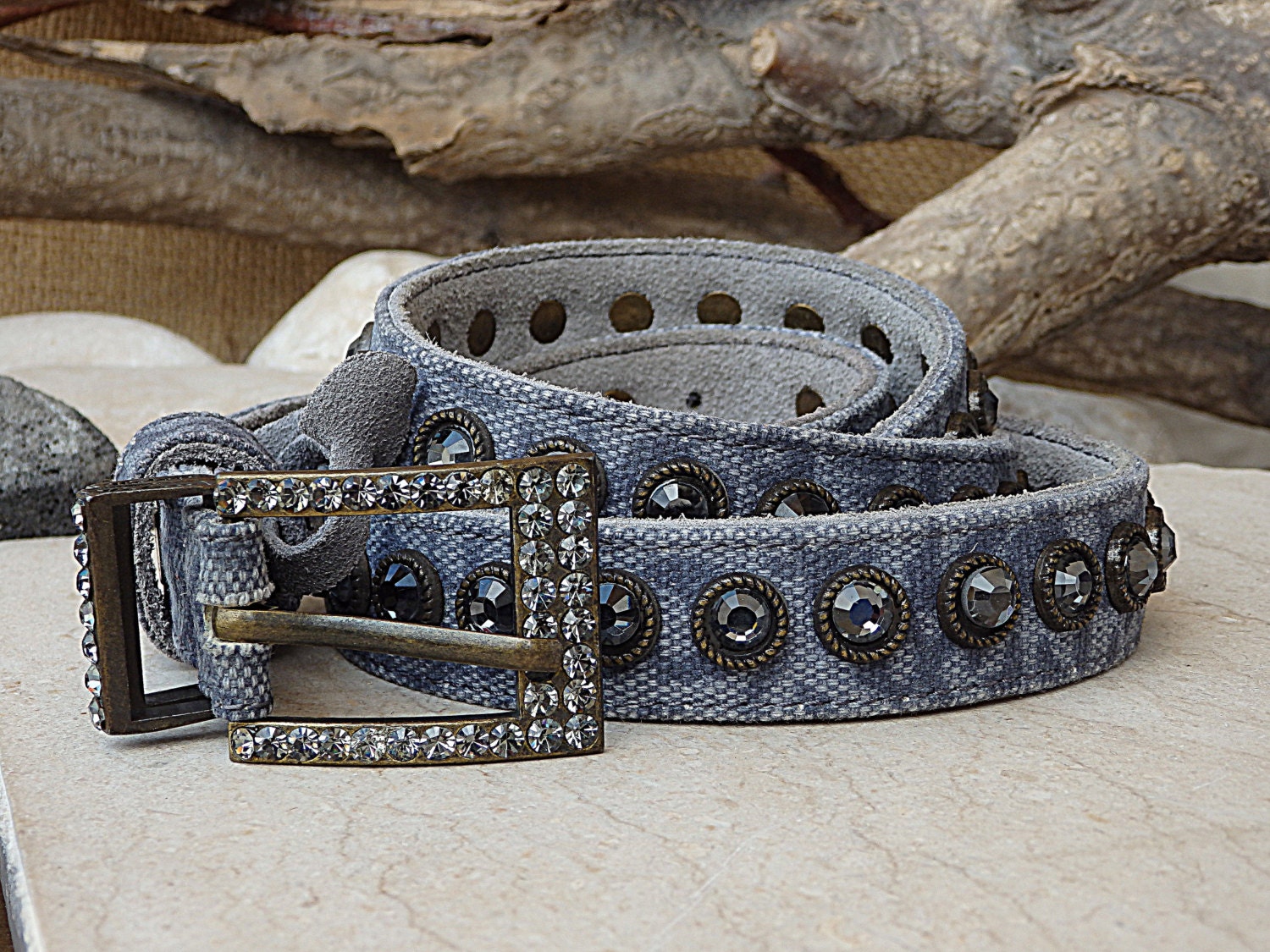 Jeans textile belt. Blue leather belt. Buckle belt for women.