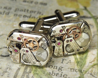 Steampunk Cuff Links Cufflinks - Torch Soldered - Antique Silver OMEGA Watch Movements w Multi Tiered Bridges - Ultra Rare Pair
