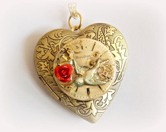 Steampunk Heart Necklace Locket "Love is on the Wing"