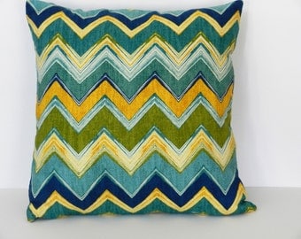 Chevron Zigzag Throw Pillow Cover Green, Turquoise, Yellow Screen Print, Mill Creek Home Dec Fabric 18 x 18 inch with zipper closure