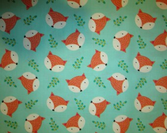 Fox Heads Foxy Foxes Leaves Green Blue Cotton Fabric Fat Quarter or Custon Listing