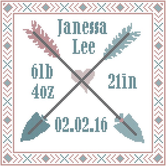 Baby Birth Record Cross Stitch Pattern with arrows and tribal