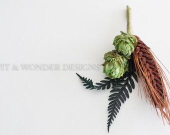 FERN Hops Boutonniere Chocolate Wheat and Fern leaves