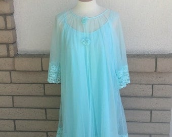 60's Aqua Peignoir Set Chiffon & Lace Negligee Set Size Medium