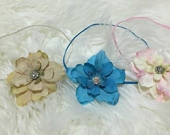 Flower Headband, Newborn Up To Sitters Photography Prop,Tan, Pink or Turquoise Flower Headband with Rhinestone Center, Baby Headband, Girl