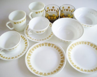 Vintage Corelle, Butterfly Gold, Two Placesettings, Dish Set for 2, Corelle dishes, 12 pieces, glass, mug, tea cup and saucer, bowl, plate