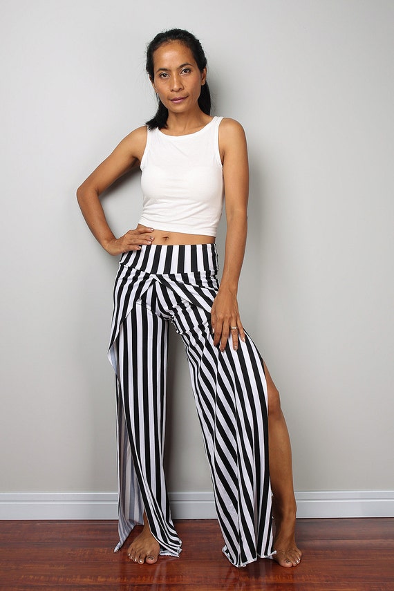 womens striped pants black and white