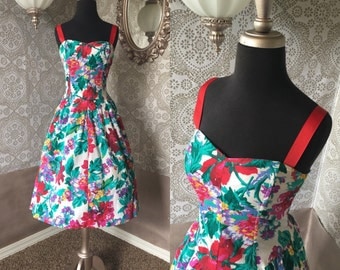 Vintage 1980's Bright Floral Cotton Dress S/M