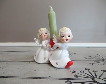 Angel Candle Holder Christmas Angel Figurine Leftons Angel Enesco Angel 1950s Christmas Decorations Centerpiece Red and White Holiday Angels