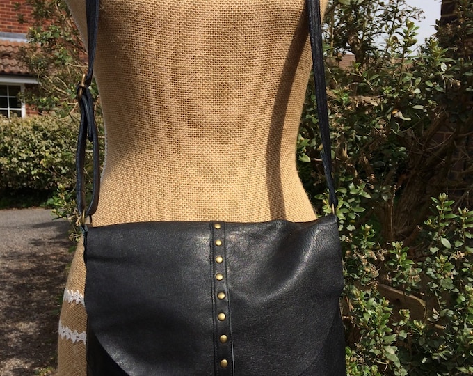 Recycled leather bag- black soft leather - a crossbody - purse/handbag - adjustable strap.