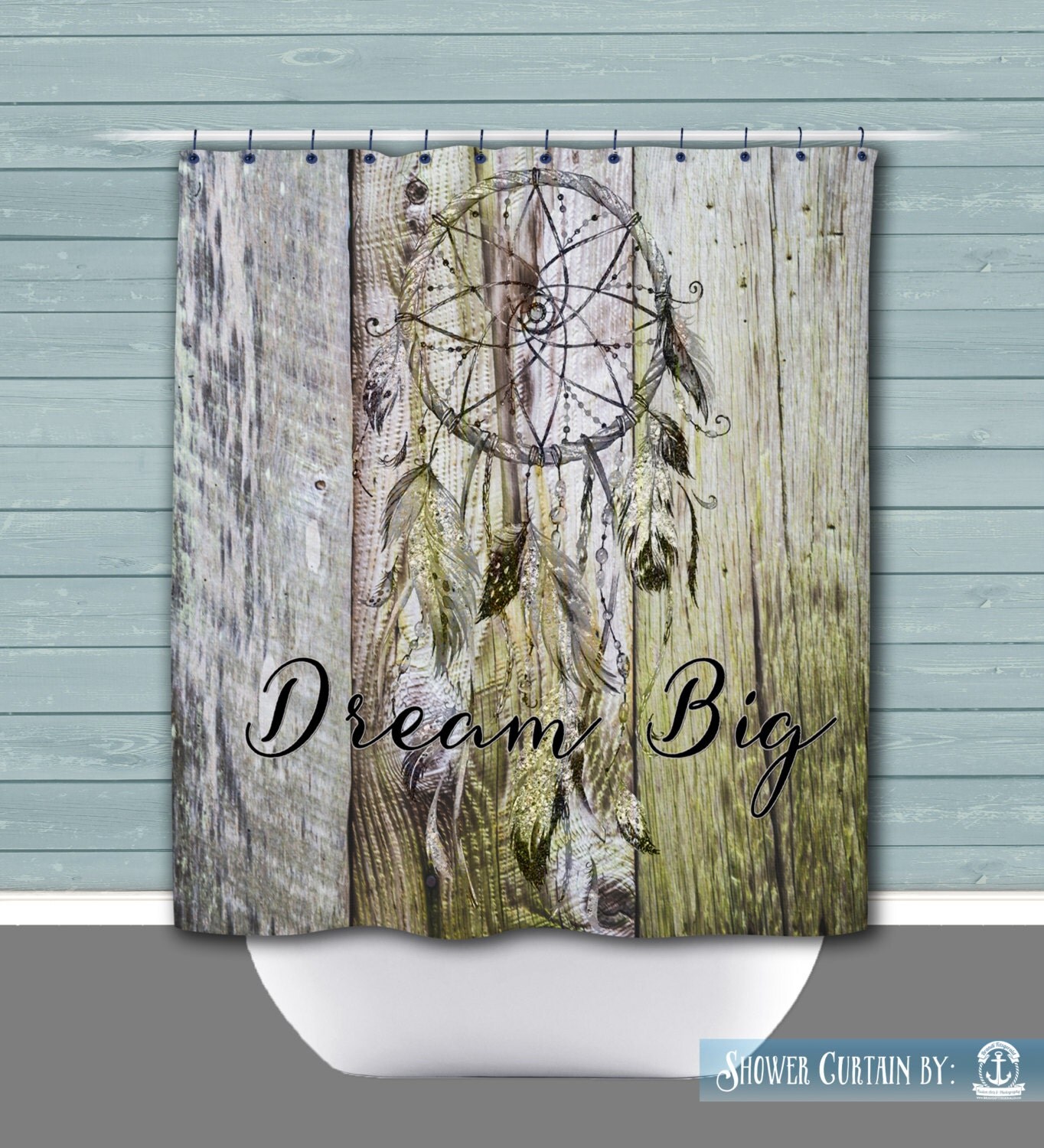 Dream Big Shower Curtain Rustic Dreamcatcher Wood Look