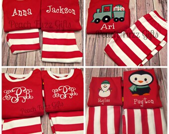 Kids Christmas Pajamas, Monogrammed Christmas Pajamas, Christmas Applique Personalized Pjs, Monogram Pajama Set PREORDER