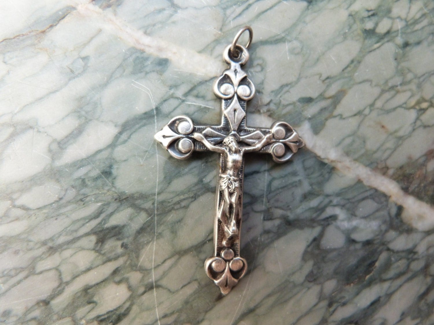Antique French silver plate necklace pendant cross crucifix
