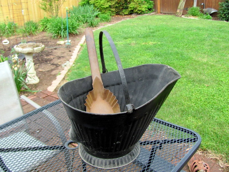 Galvanized Coal Bucket Painted Black Antique Coal / Scuttle