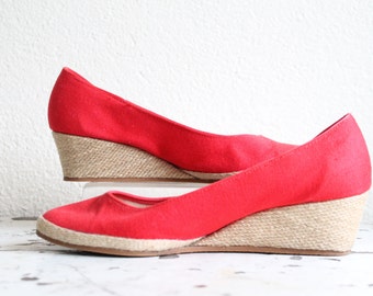 Vintage Red Canvas Wedge Heels-Women's Size 7 1/2 to 8-1980s