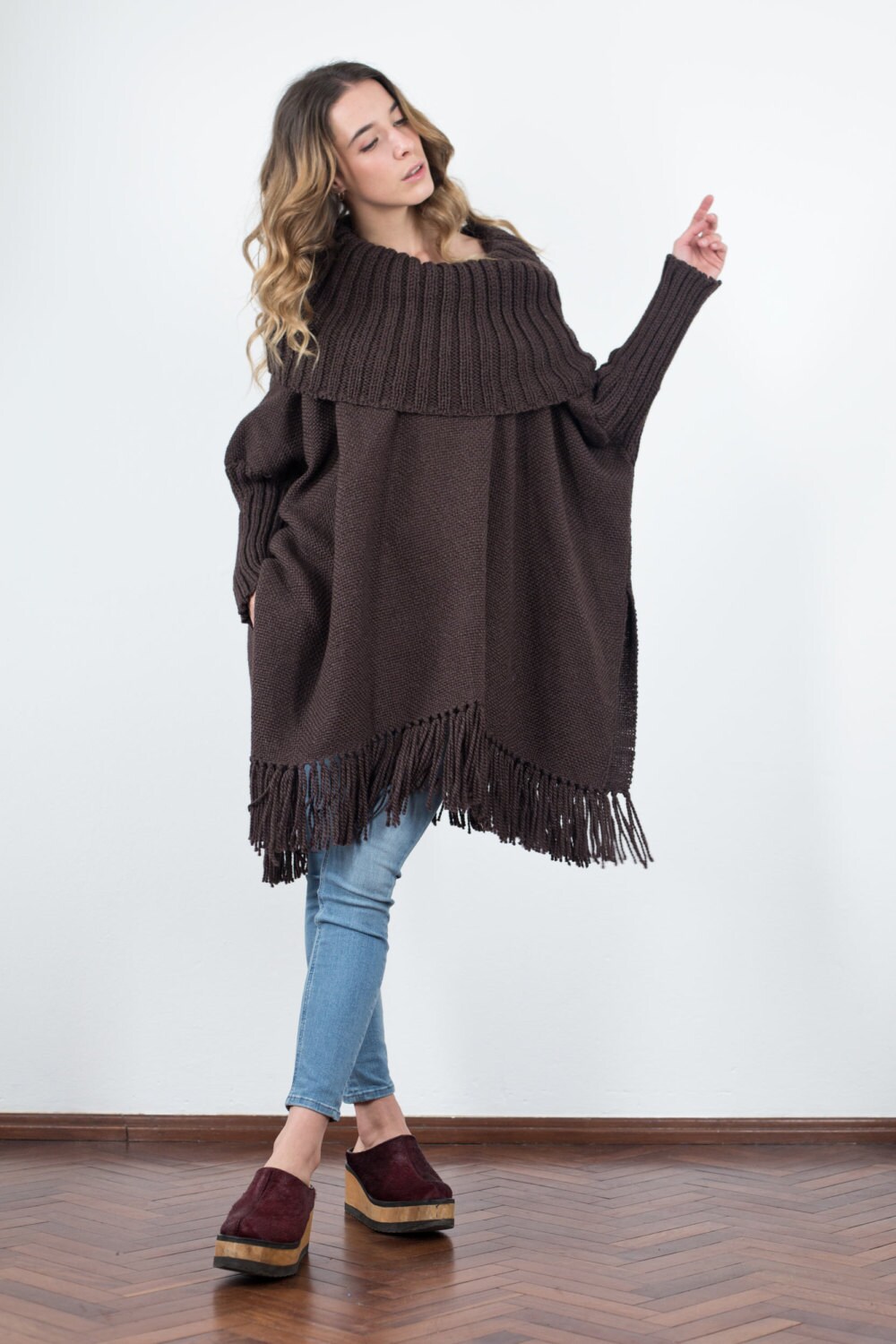 Cape poncho Knit Hood Collar Plus size wool cape coat