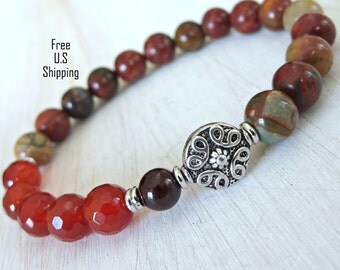 Celebrate life, Picasso jasper, Carnelian, Yoga Bracelet, Meditation bracelet, Reiki Charged, wrist mala, Healing bracelet, carnelian mala