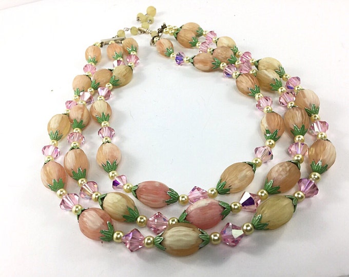 Vintage Japan 3 strand Necklace, Fruit style beads, green leaves,pink aurora borealis, yellow, pink necklace.Yellow necklace.Japan Necklace