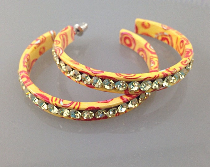RETRO Vintage Yellow Rhinestone Earrings,Vintage Red and Yellow Earrings. Decorated hoop earrings, red swirls, pierced earrings.