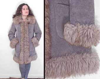 Gray SHEARLING Coat 1970s Ardney Genuine Suede Lamb Russian Princess Size Medium