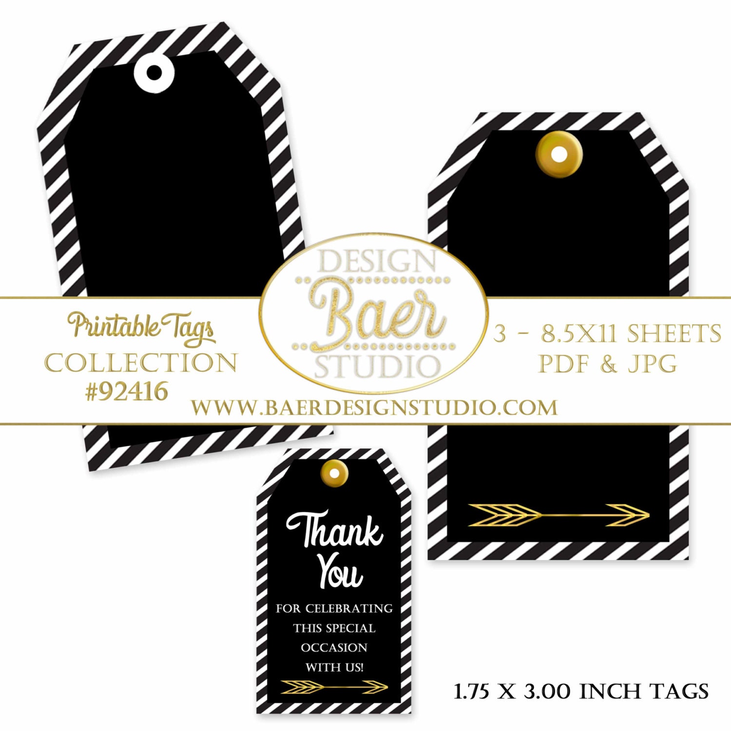 Party Favor Tags Black and Gold Printable Tags Back to