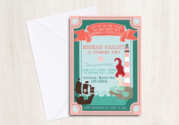 Mermaid & Pirate party Invitation - Pool party Invitation- under the sea - little mermaid - party supplies Il_570xn