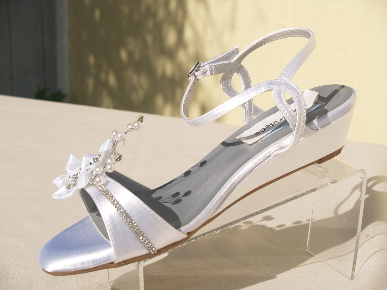 Wedding Shoes low Wedge 1 inch heel flowers crystalsShort