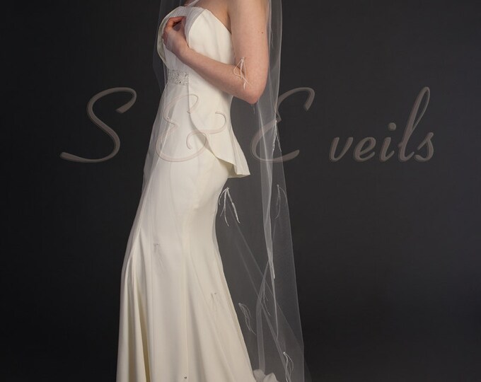 Ready to ship: White color Cathedral veil features feathers and pearls, bridal veil, accessories