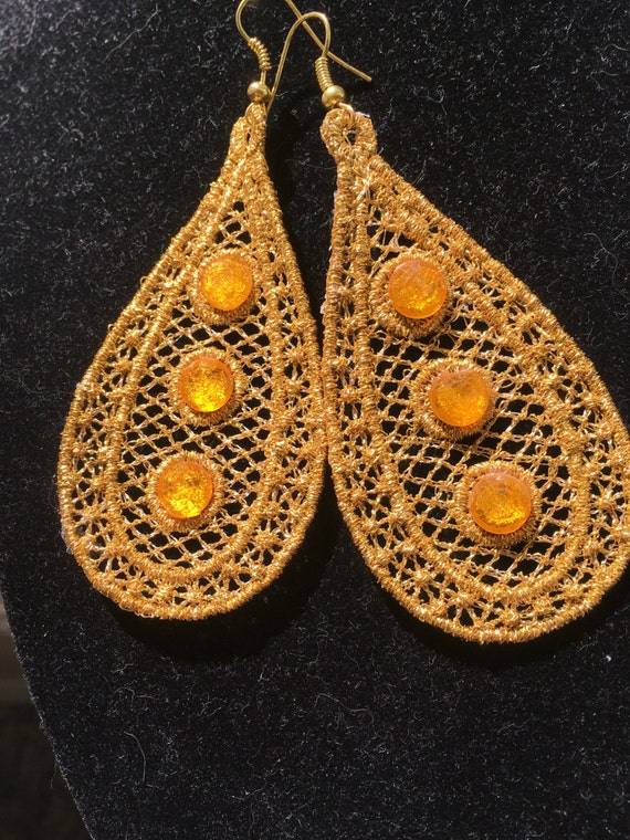 Items similar to Earrings Gold Color Pierced Large Metallic Thread Gold