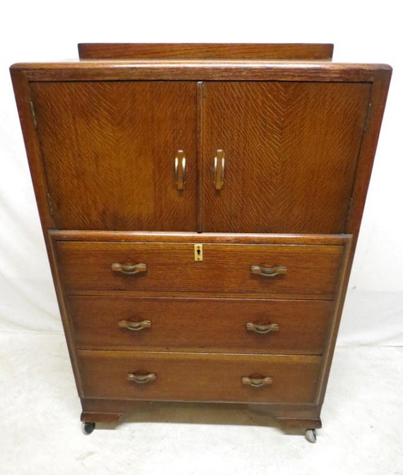 Antique Art Deco Tiger Oak Highboy Chest of Drawers Dresser