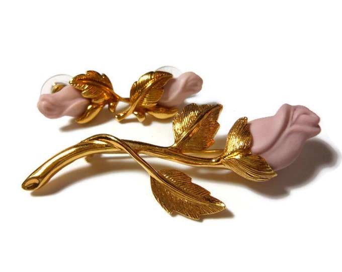 FREE SHIPPING Avon brooch and earrings, pink ceramic rose buds with gold stem and finely detailed leaves, jewelry set, pierced stud earrings